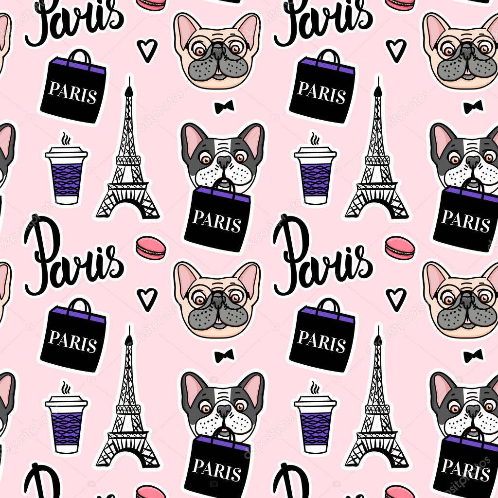 Shopping in paris pink seamless pattern. French Bulldog is holding a shopping bag. Hand drawn vector