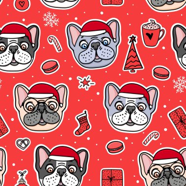 Noel santa şapkalar Dikişsiz desen Köpekler. Fransız bulldog sevimli köpek yavrusu el kırmızı çizilmiş. Vektör İllüstrasyon tatil tasarımı.
