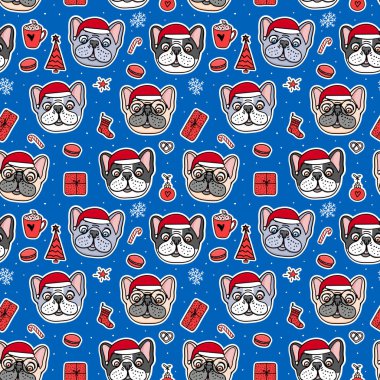 Noel santa kırmızı şapkalar Dikişsiz desen Köpekler. Fransız bulldogs el çizilmiş karakterler. Vektör İllüstrasyon tatil tasarımı.