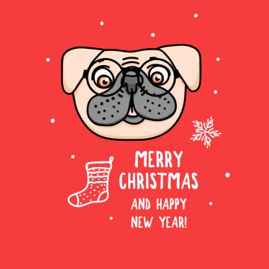 Gözlüklü Vektör Fransız Bulldog karakteri. Mutlu Noeller. Kırmızı izole sevimli köpek kafası ile Kart. Tatil el çizilmiş tasarım