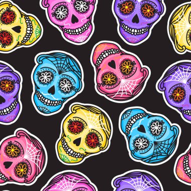 Dikişsiz desen renk Calavera işareti Dia de los muertos. Meksika'nın ölüler günü. Vektör el çizim illüstrasyon adam etiket.