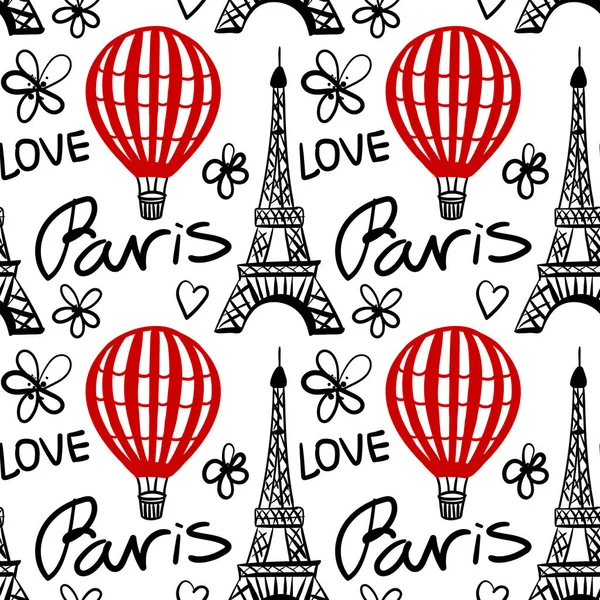 Patrón sin costura Vector globo rojo y la Torre Eiffel de París — Vector de stock