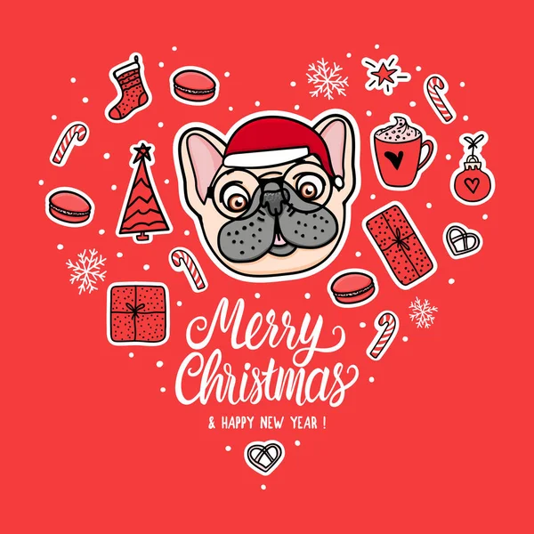 Karta pies w Christmas Santa kapelusz z okularami. Napis i wektor ilustracja projekt wakacje. Buldog francuski ręcznie rysowane naklejki — Wektor stockowy