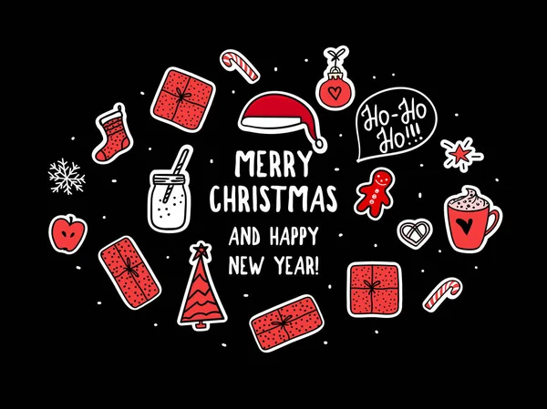 Ensemble vectoriel nouvelle année pour carte, bannière. Symboles de Noël design vacances. Stikers sur fond sombre . — Image vectorielle