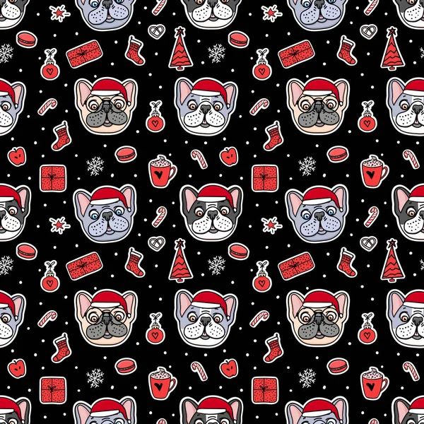 Seamless pattern Dogs in Christmas santa hats. Vector Illustration holiday design. French bulldog hand drawn stickers on black