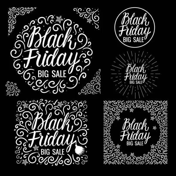 Set Lettering inscription sign element card Vector Black Friday. Big Sale Design Hand drawn white illustration on checkered dark background. — Stock Vector