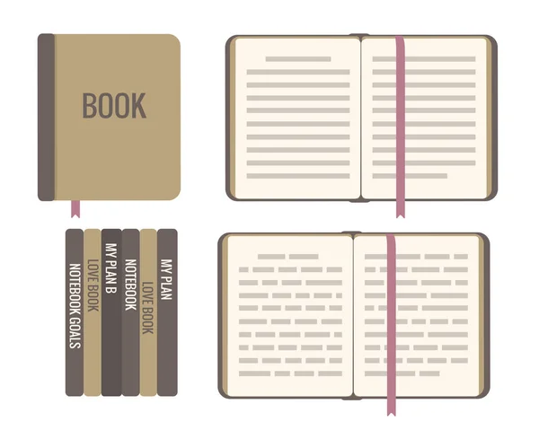 Boek met Bookmark vector platte illustratie geïsoleerd op wit. Bovenaanzicht, geopende pagina's, abstracte tekstlijn, hardcover — Stockvector