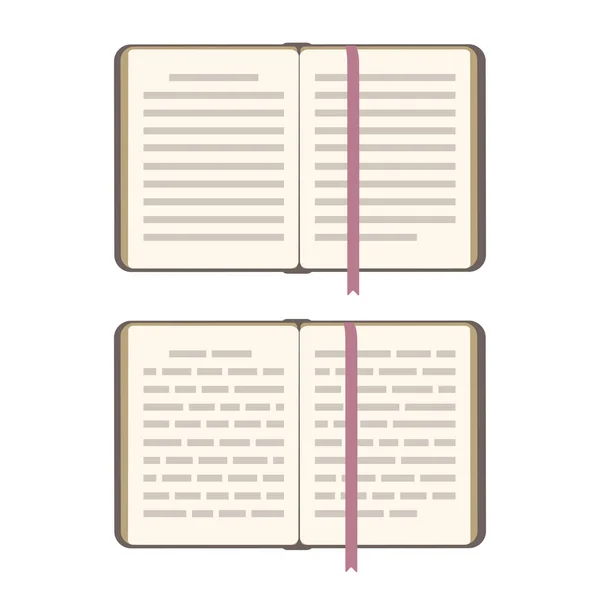 Livre pages ouvertes avec signet Vector plat illustration isolée sur blanc. Vue du dessus, ligne de texte abstraite. Symbole de connaissance — Image vectorielle