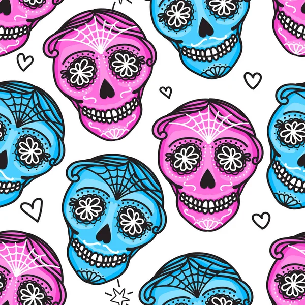 Sömlös mönster färg Calavera underteckna dia de Los Muertos. Mexikanska dagen av de döda. Vektor hand ritning illustration man klistermärke. — Stock vektor