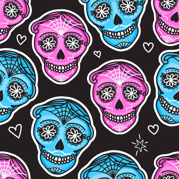 Znak Calavera Dia de los Muertos. Meksykański dzień zmarłych. Bezszwowy wzór. Wektor dama ilustracja kobieta i mężczyzna naklejki ręka — Wektor stockowy