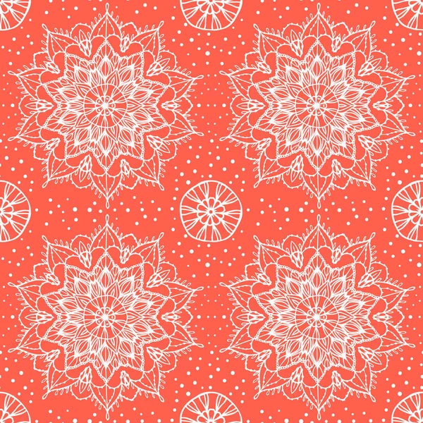 Abstract seamless pattern. White hand drawn round ornament mandala. Trendy coral orange color. Vector texture background — Stock Vector