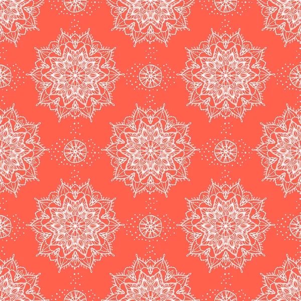 Abstract seamless pattern. White hand drawn round ornament mandala. Trendy coral orange color. Vector texture background — Stock Vector