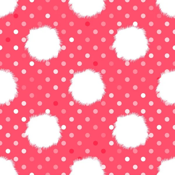 White Pompons fluffy fur with polka dots. Seamless pattern. Vector illustration. Velentines day design on pink — Stock Vector