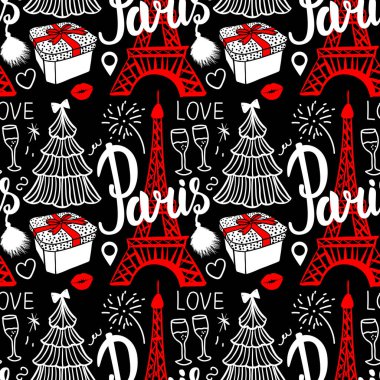 Paris ve Eyfel Kulesi'ni yazı. Dikişsiz desen Merry Christmas ve Happy yeni yıl moda skeç hediye kutusu, ağaç ve havai fişek. El çizilmiş Vektör illüstrasyon koyu arka plan üzerinde izole.