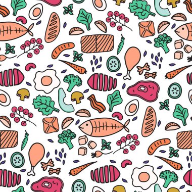 Vektör dikişsiz desen. Dekor menü tasarımı için el yapımı gıda.