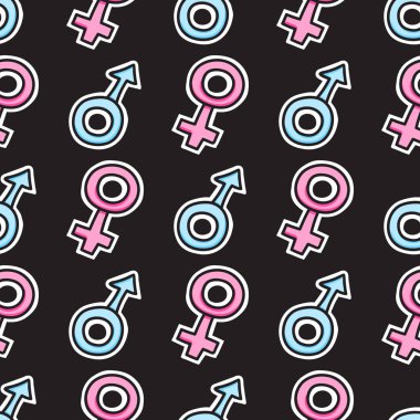 Dikişsiz desen işareti erkek ve kadın stikers. Vektör el siyah yüzey tasarımı çizilmiş