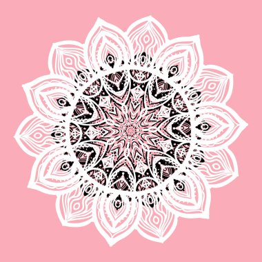 Vektör yuvarlak mandala beyaz el çizim dokulu arka plan kartı pembe izole