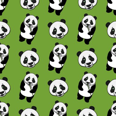 Panda bütün ve baş dikişsiz desen. Vektör el yeşil çizilmiş illüstrasyon. Yüzey tasarımı