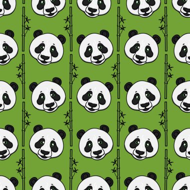 Bambu şeritler sorunsuz desen ile Wild Panda kafa. Vektör el yeşil çizilmiş illüstrasyon. Yüzey tasarımı