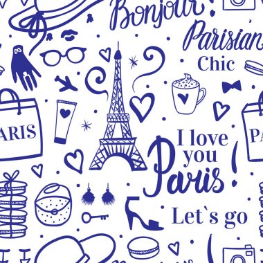 Paris Moda skeç yazı ile sorunsuz desen, tip elemanları Paris şık. Beyaz arka plan üzerinde vektör mavisi el çizildi.