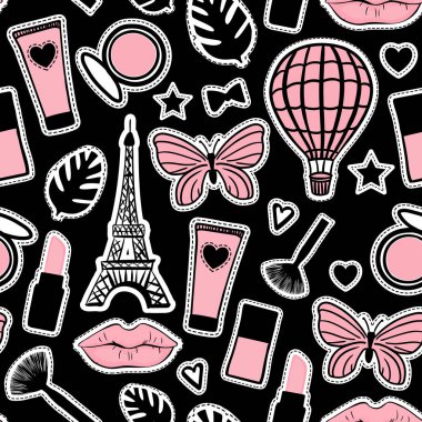 Soyut kozmetik el çizimi. Dikişsiz desen moda tarzı. Paris Eyfel Kulesi tabelası. Siyah vektör illüstrasyon girly çıkartmalar
