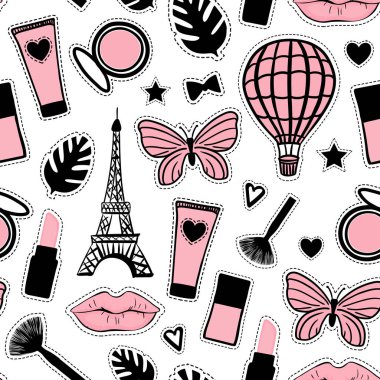 Soyut kozmetik el çizimi. Dikişsiz desen moda tarzı. Paris Eyfel Kulesi tabelası. Vektör illüstrasyon girly çıkartmalar beyaz izole