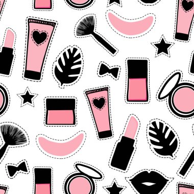 Dikişsiz desen moda tarzı. Sevimli kızlar için işareti güzellik makyaj ayarlayın. Soyut kozmetik şişeleri el çizimi. Vektör çizimi beyaz bir arka plan üzerinde yalıtılmış.