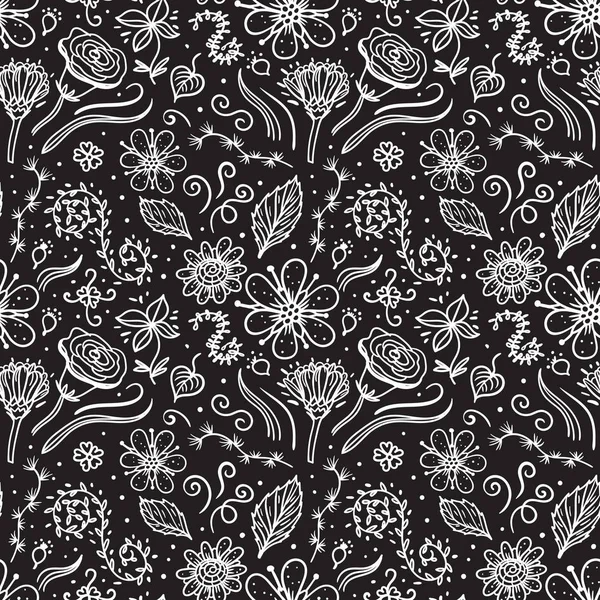 暗い背景に手描きの花シームレスなパターン。モノローム色。ベクトル抽象表面設計. — ストックベクタ