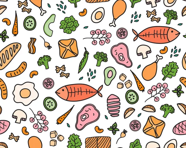 Vector amplio fondo de patrón sin costura. Color bosquejo de alimentos para el diseño del menú de decoración . — Vector de stock
