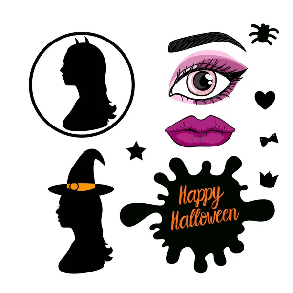 Set glückliche Halloween-Design. weibliche Silhouette der Hexe Seitenansicht. Vektor-Illustration auf weißem Hintergrund. — Stockvektor
