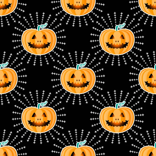 Happy Halloween jackolantern sömlösa mönster. Jack lykta med strålar. Vektor illustration isolerad på svart bakgrund. — Stock vektor