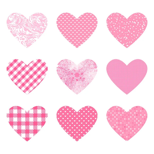 Set cuori forme con texture di colore rosa. Diverso pois, schema a scacchi. Sfondi modello vettoriale per San Valentino — Vettoriale Stock