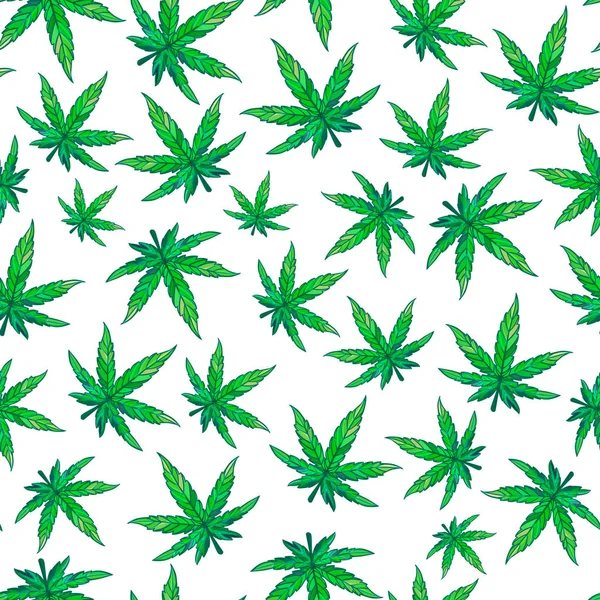 Feuille de cannabis vert motif sans couture. Conception de surface des mauvaises herbes. Vecteur dessiné à la main isolé sur blanc — Image vectorielle