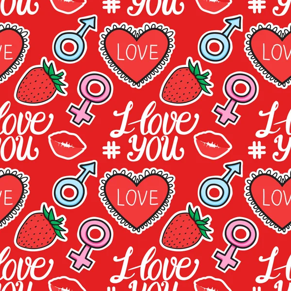Nahtloses Muster ich liebe dich Text mit Herz, Geschlechtszeichen männlich weiblich, Kuss, Erdbeere handgezeichnete Aufkleber auf rot. Vektorillustration — Stockvektor