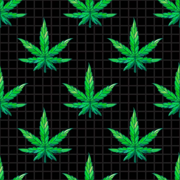 Hoja de marihuana verde sobre fondo negro a cuadros. Vector Patrón sin costura . — Vector de stock