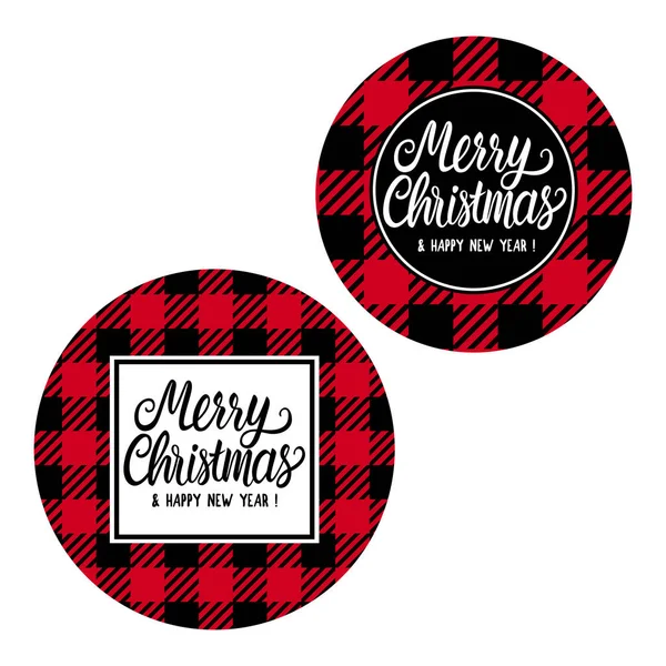 Merry Christmas and Happy New Year Round shaped cards checkered texture is black with red. Lettring inscription . Vector illustration isolated on white background. — Stock Vector