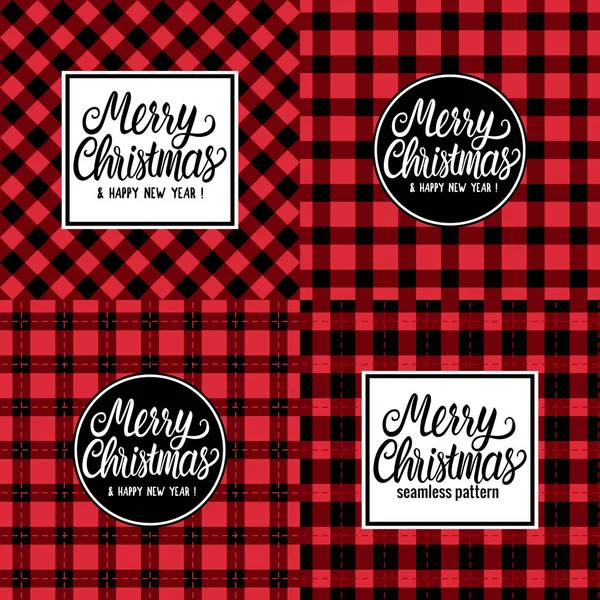 Set Design Card Merry Christmas white hand drawn lettering text inscription. Vector illustration Checkered black and red background. Holiday Happy New Year — Stock Vector
