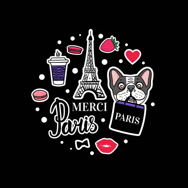 Juego de Bulldog francés. Torre Eiffel y caras de perro lindo. Vector dibujado a mano etiqueta engomada . — Vector de stock