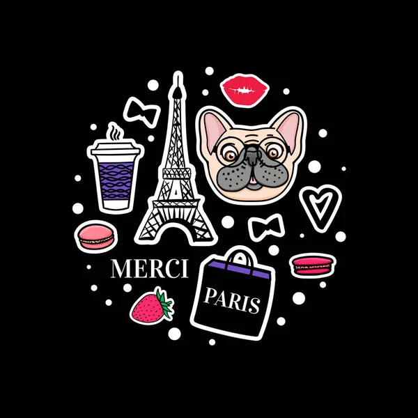 Französische Bulldogge Set. Eiffelturm und niedliche Hundegesichter. Vektor handgezeichnete Aufkleber. — Stockvektor