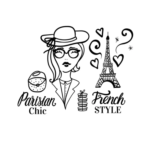 Parision Chic Schriftzug Typ. Französisch Stil Frau Mode schwarz Illustration Frau. Vektor Hand Skizze Illustration — Stockvektor