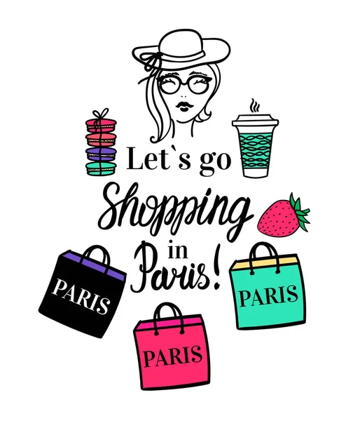 Lets go Shopping in Paris. Vector Isolated fashion illustration with color. Girl with coffee to go cup, shop bag, hat, macaroon. — Stock Vector