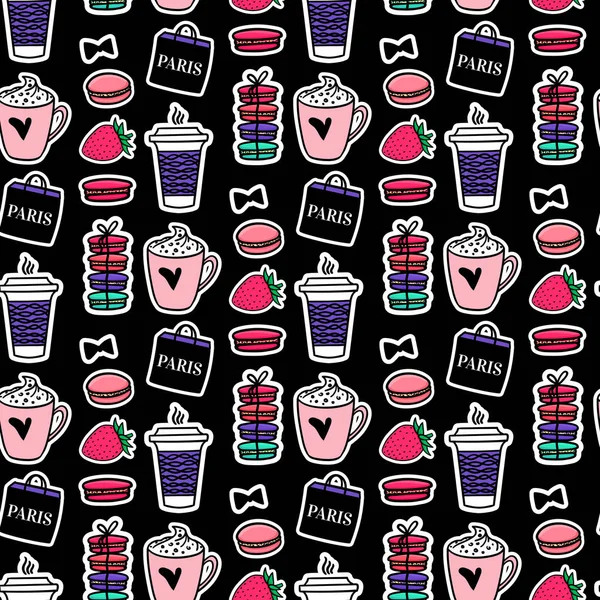 Café y macarrones sin costuras. Estilo París. Diseño de superficies. Vector bosquejo ilustración pegatinas sobre fondo negro . — Vector de stock