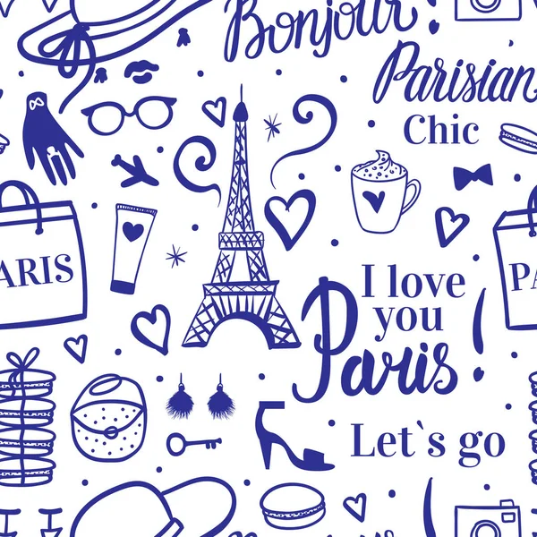 Parijs mode schets naadloze patroon met belettering, type elementen Parijse chic. Vector blauw hand getekende op witte achtergrond. — Stockvector