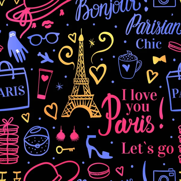 Patrón sin costuras. Color brillante Compras en París. Bonjour Vamos a Viajar Torre Eiffel. Ilustración de moda sobre fondo oscuro . — Vector de stock