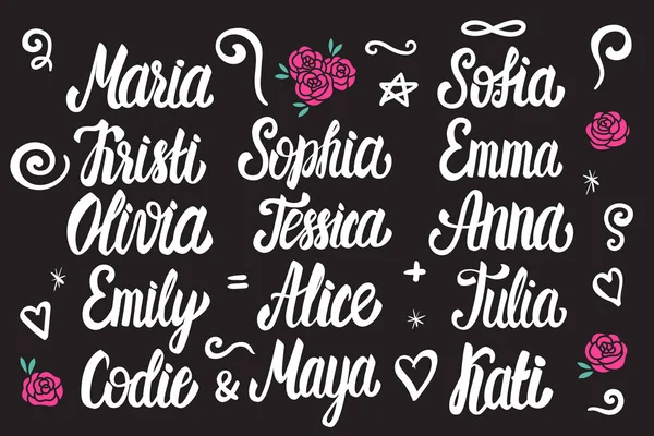 Conjunto de nomes femininos. Lettering estilo vintage branco isolado no fundo escuro . — Vetor de Stock