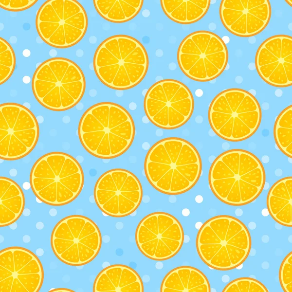 Citrus round piece. Lemon and orange Seamless pattern. Vector illustration on blue polka dot textured — Stock Vector