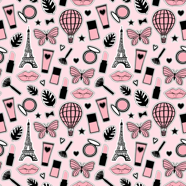 Abstract Seamless pattern fashion style. Cosmetic hand drawing. Paris Eiffel Tower sign. Vector illustration girly stickers Cute pink — Stock Vector