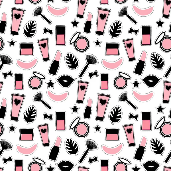 Seamless pattern fashion style. Set sign beauty makeup for cute girls. Abstract cosmetic bottles hand drawing. Vector illustration is isolated on a white background. — Stock Vector