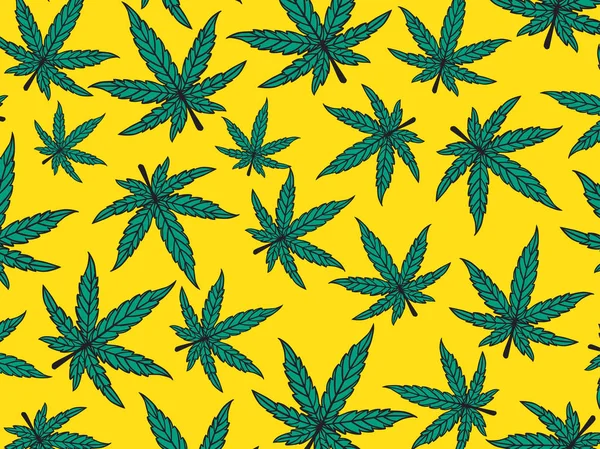 Modello senza cuciture foglia verde cannabis. Disegno della superficie dell'erba. Vettore disegnato a mano isolato su nero — Vettoriale Stock