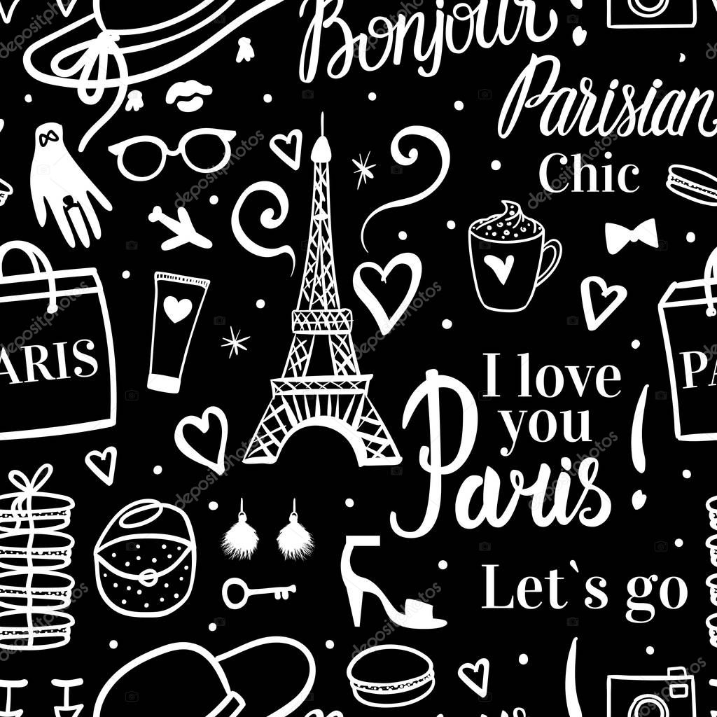 Vector Seamless pattern I love Shopping in Paris airport. Eiffel Tower fashion illustration. Handdrawn white vector on black background.